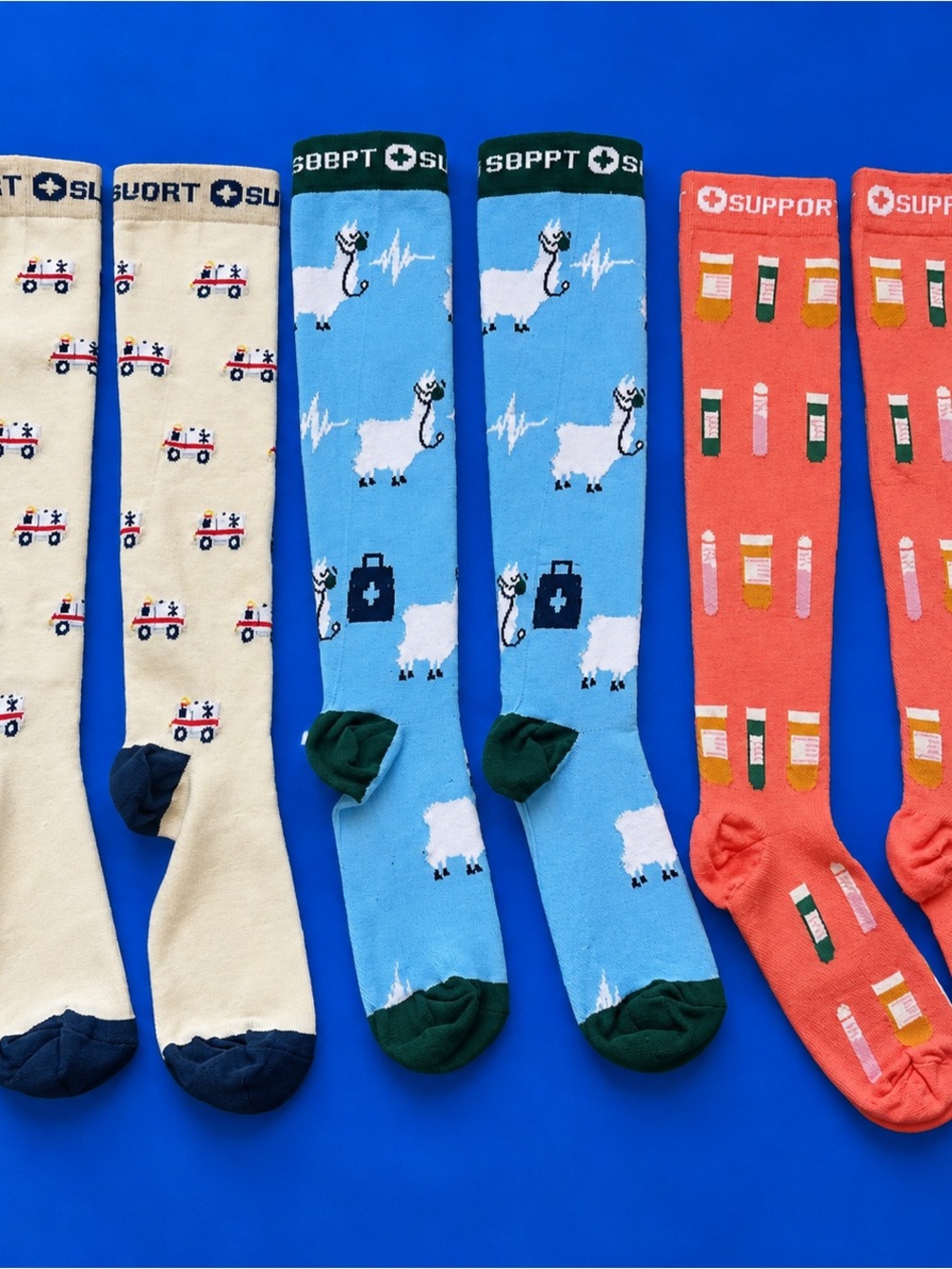 Men's Novelty Knee-High Socks - Cream, Blue & Coral (3 Pairs)